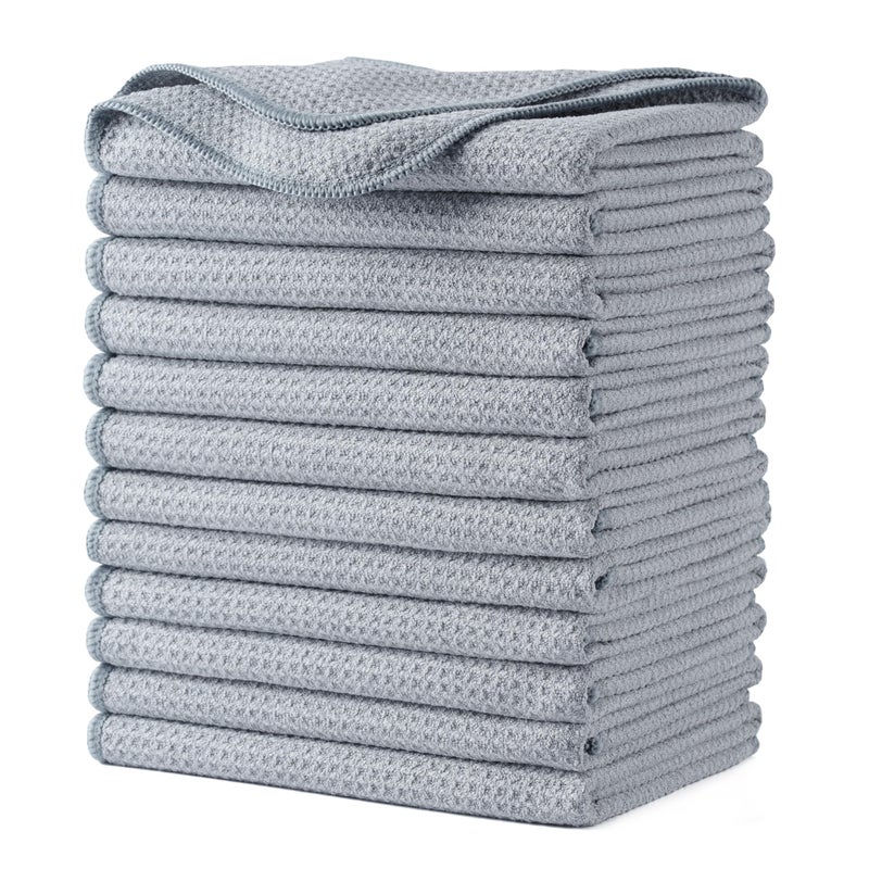 POLYTE Premium Microfiber Kitchen Dish Hand Towel Waffle Weave 12 Pack (16x28 in, Gray) - Image 1